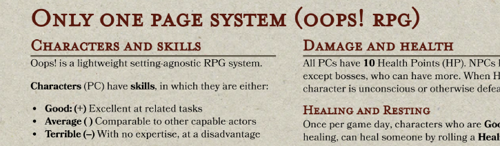 Only one page system RPG